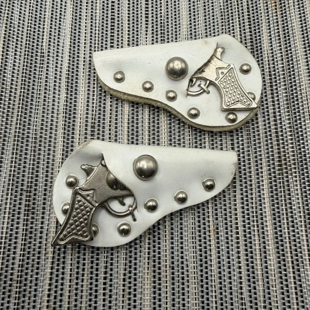 Vintage 50s Metal 6 Shooter Gun Diaper Clip Brooch White Studded Holster Set 2pc